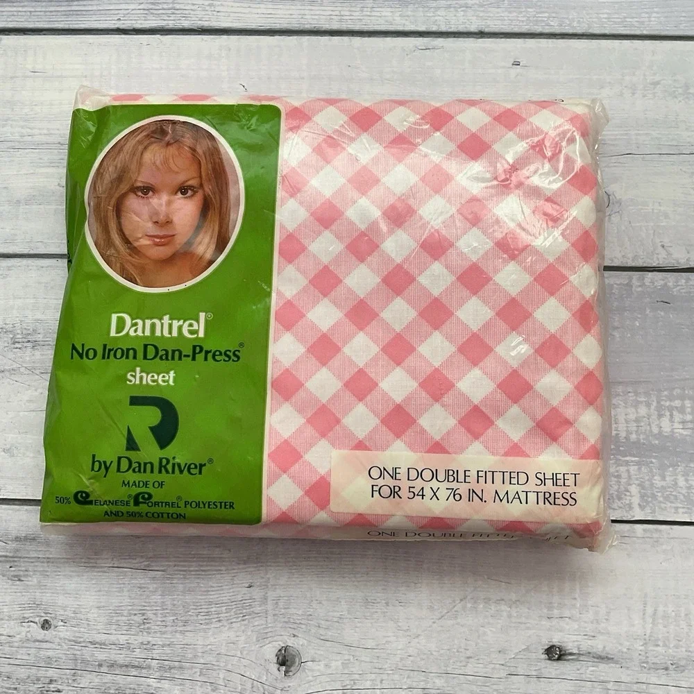 Dantrel Dan River Double Sheet Set Flat Fitted‎ Pillowcases Pink White Check VTG